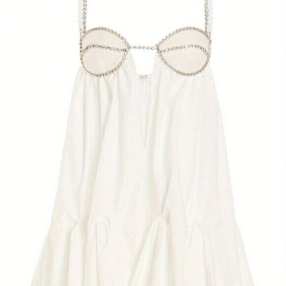 White Casual Women's Spaghetti Strap Rhinestone Cutout Mini A-Line Dress - Picture 4 of 10